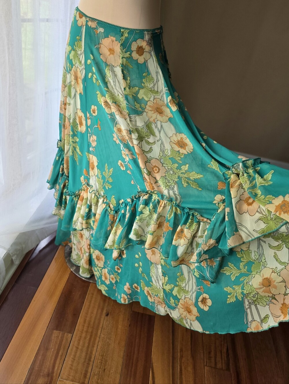 Amber Sky Turquoise Floral Ruffle Maxi Skirt Large Y2K Boho Fairycore Festival